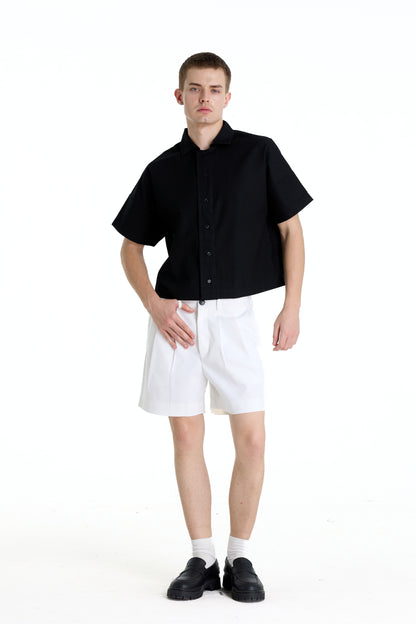 BONJOUR MADAME LINEN BLACK CROP SHIRT