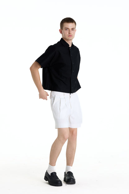 BONJOUR MADAME LINEN BLACK CROP SHIRT