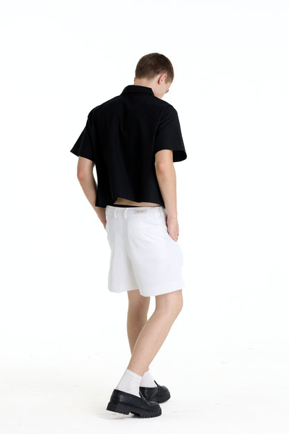 BONJOUR MADAME LINEN BLACK CROP SHIRT