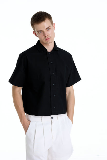 BONJOUR MADAME LINEN BLACK CROP SHIRT