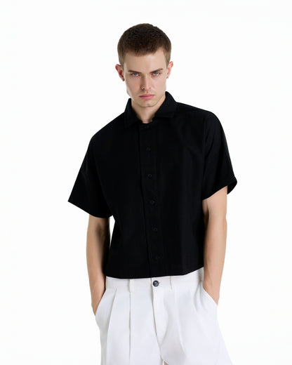 BONJOUR MADAME LINEN BLACK CROP SHIRT