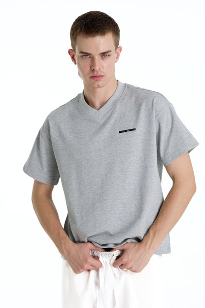 V-NECK VELVET PRINTED GREY TEE