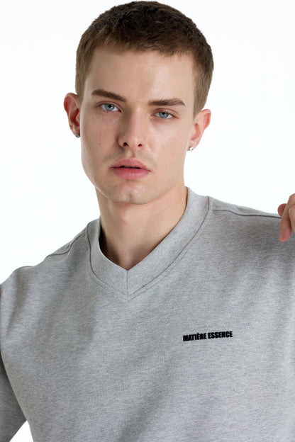 V-NECK VELVET PRINTED GREY TEE