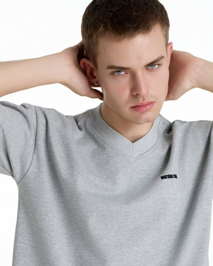 V-NECK VELVET PRINTED GREY TEE