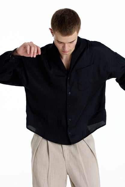 ENZO NERO BLACK LINEN SHIRT