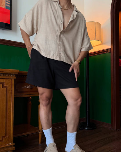 BONJOUR MADAME LINEN TAN CROP SHIRT