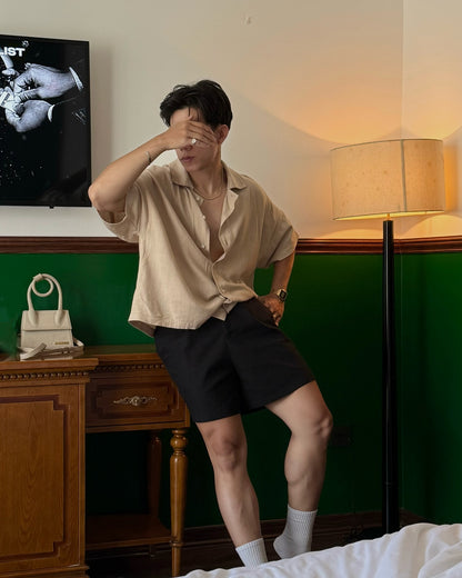 BONJOUR MADAME LINEN TAN CROP SHIRT